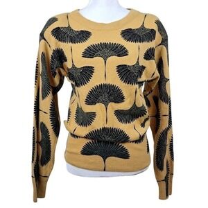 Vtg 80s Yellow Sweater M Art Deco Cranes Lambswool Angora Black Bugle Beads